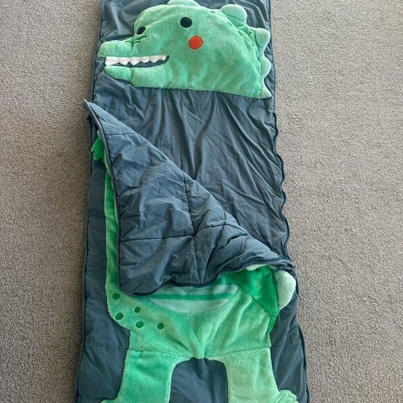 Land of Nod Green & Blue Gray "Wild Dinosaur" Unisex Kids Sleeping Bag - Picture 2 of 4